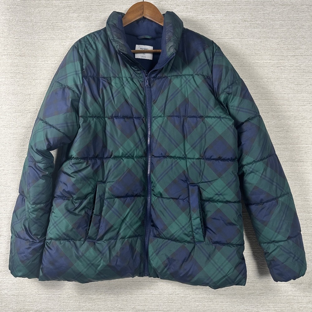 Old Navy Blackwatch Plaid Puffer Jacket Large Tall Green Blue Full Zip Preppy